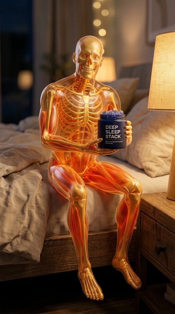 Holding a jar of Deep Sleep Stack before bed